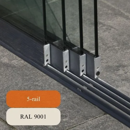 Glazen schuifwand 5-rail 4900mm breed crème wit RAL 9001